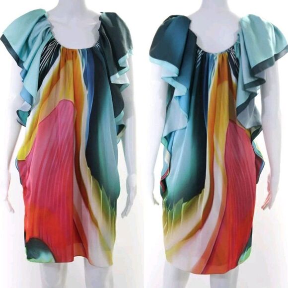 Designer Mary Katrantzou Dress Artsy Unique Rainbow Flutter Sleeve Kaftan 10 - Picture 1 of 11